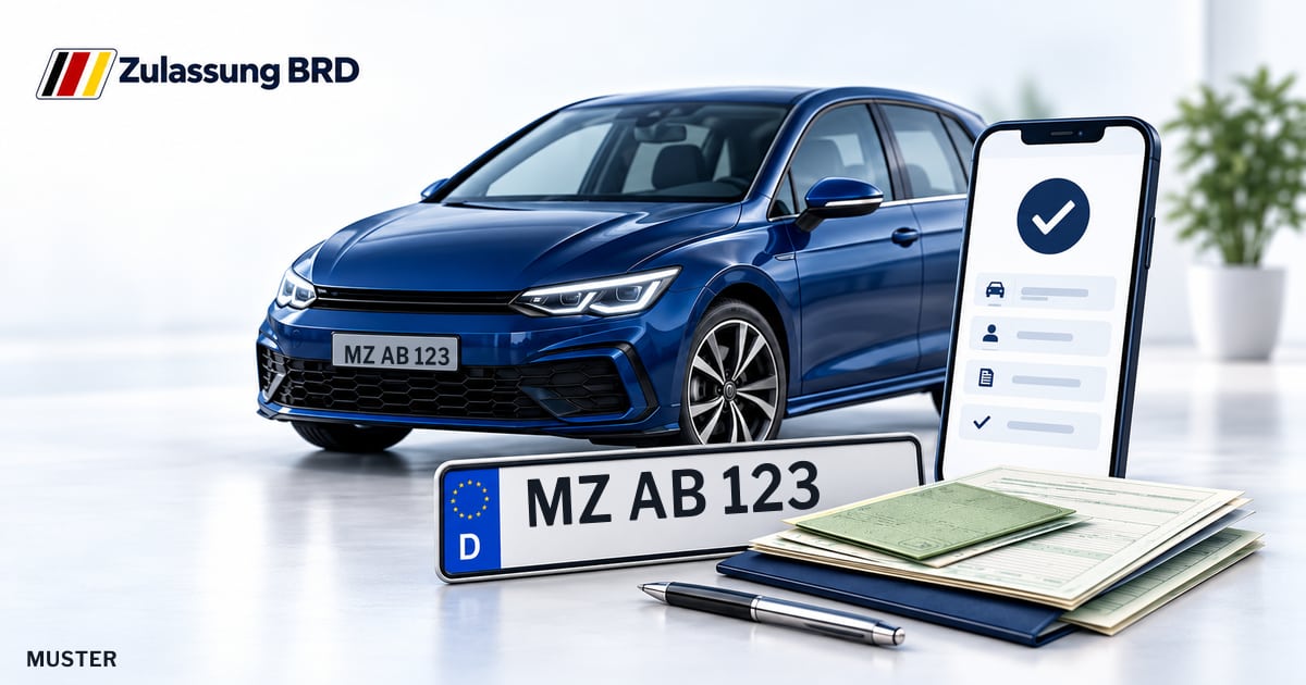 Online Fahrzeugzulassung in Landkreis Mainz-Bingen: Musterkennzeichen MZ AB 123, Auto und Fahrzeugpapiere und Smartphone. Illustration mit Logo von Zulassung BRD.